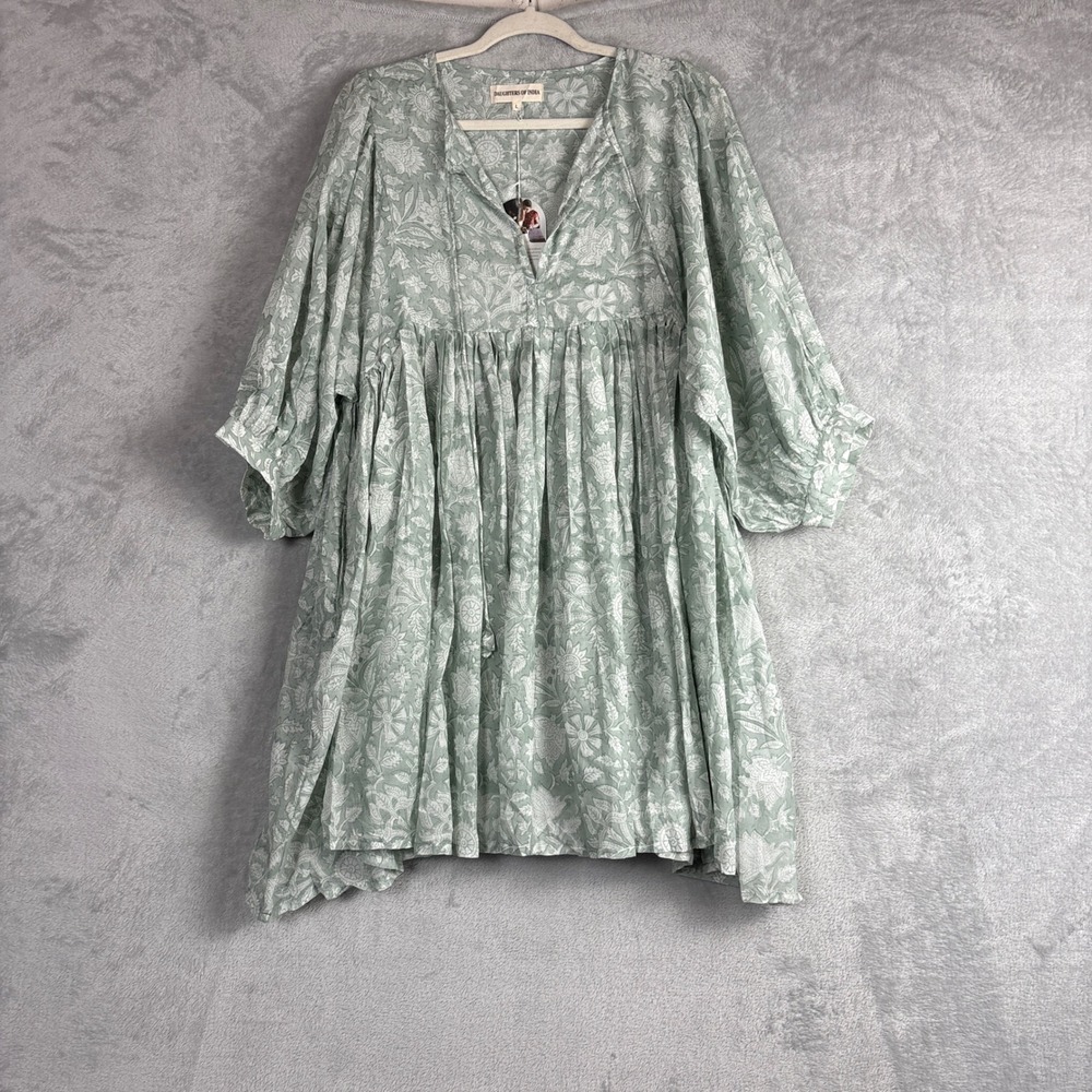 Daughters of India Kyra Mini Dress Sage Green Floral Cotton Boho L NEW